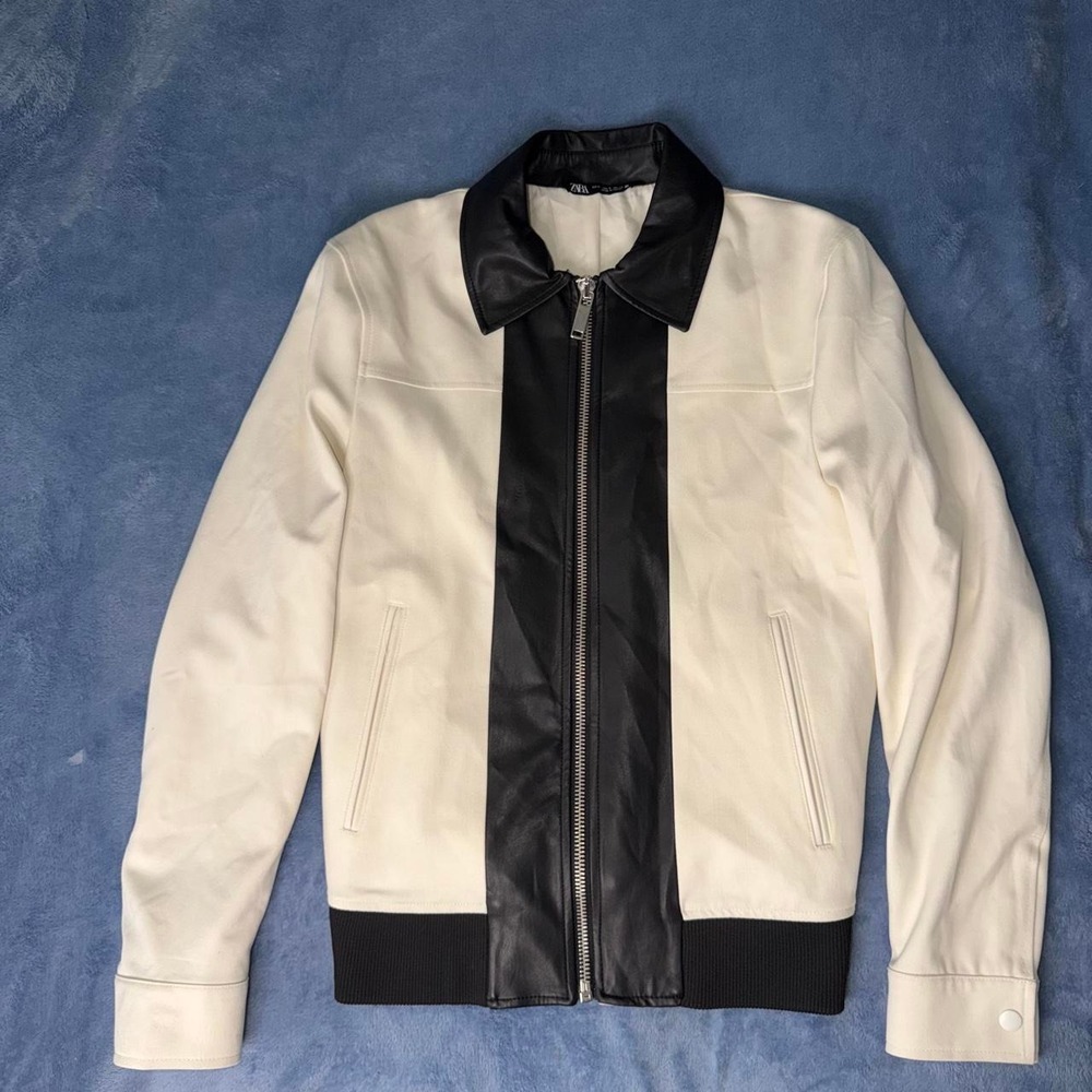 Zara Men's Black & Cream Faux Leather Bomber Jacket